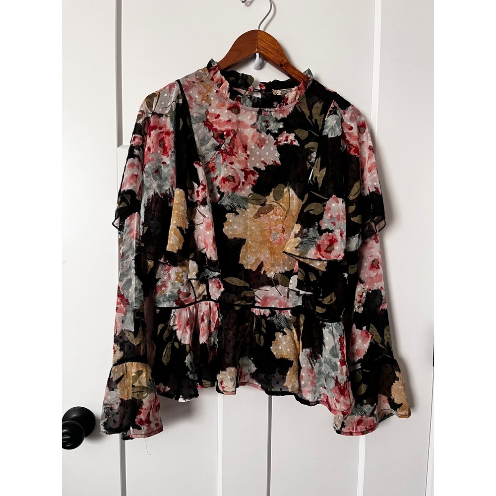 gimmicks by BKE Black Floral Ruffle Blouse